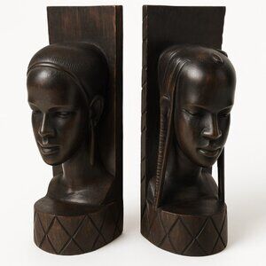 African Bookends Vintage Black Ebony Hand Carved Wood Head Art 9in